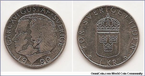 1 Krona
KM#852a
7.0000 g., Copper-Nickel, 25 mm. Ruler: Carl XVI Gustaf Obv:
Head left Rev: Three small crowns within crowned shield Edge:
Reeded