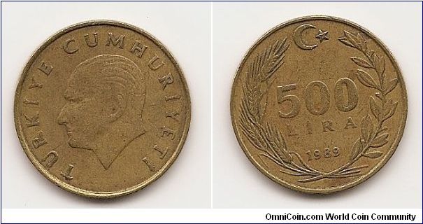 500 Lira
KM#989
6.1500 g., Aluminum-Bronze, 24 mm. Obv: Head of Atatürk left Rev: Value and date within wreath Edge:Reeded