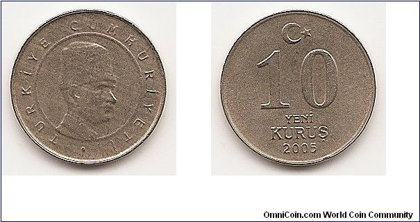 10 New kurus
KM#1166
3.8300 g., Copper-Nickel, 19.4 mm. Obv: Head with hat right
within circle Rev: Value Edge: Plain