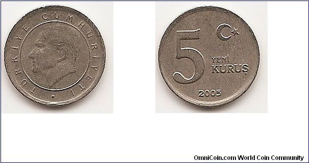5 New kurus
KM#1165
2.9500 g., Copper-Nickel, 17.1 mm. Obv: Head left within circle
Rev: Value Edge: Plain