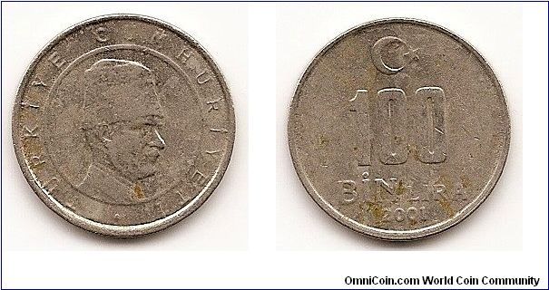 100000 Lira (100 bin lira)
KM#1106
4.6000 g., Copper-Nickel-Zinc, 21 mm. Obv: Head with hat right
within circle Rev: Value Edge: Plain