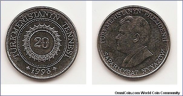 20 Tenge
KM#4
3.6000 g., Nickel Plated Steel, 20.9 mm. Obv: Value within ornate
circle Rev: Head of President Saparmyrat Nyyazow left Edge: Plain