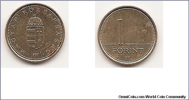 1 Forint
KM#692
2.0500 g., Brass, 16.5 mm. Obv: Crowned shield Rev:
Denomination