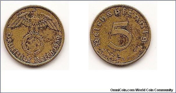 5 Reichspfennig
Third Reich
KM#91
2.5300 g., Aluminum-Bronze Obv: Imperial eagle above
swastika within wreath Rev: Denomination, oak leaves below
