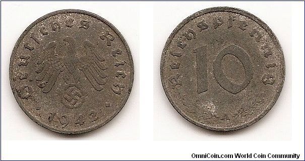 10 Reichspfennig
Third Reich
KM#101
3.5200 g., Zinc, 21 mm. Obv: Imperial eagle above swastika
within wreath Rev: Denomination, oak leaves below