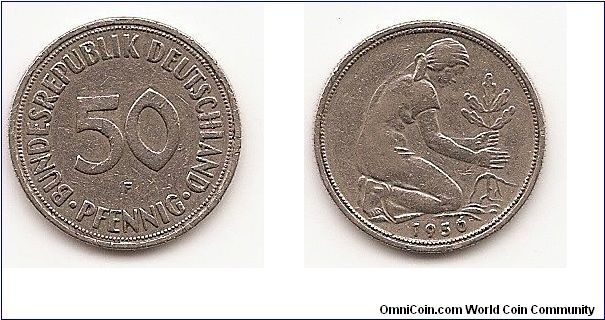 50 Pfennig Federal Republic
KM#109.1
3.5000 g., Copper-Nickel, 20 mm. Obv: Denomination Obv.Leg.: BUNDESREPUBLIK DEUTSCHLAND Rev: Woman
planting an oak seedling Edge: Reeded