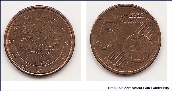5 Euro cents
KM#209
3.8600 g., Copper Plated Steel, 21.2 mm. Obv: Oak leaves
Obv. Designer: Rolf Lederbogen Rev: Denomination and globe
Rev. Designer: Luc Luycx Edge: Plain