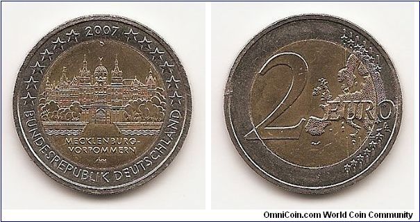 2 Euros
KM#260
8.4000 g., Bi-Metallic Brass center in Copper-Nickel ring,
25.72 mm. Obv: Large value at left, modified outline of Europe
at right Obv. Legend: BUNDESREPUBLIK DEUTSCHLAND
Rev: City buildings Edge: Reeded and lettered Edge Lettering:
EINIGKEIT UND RECHT UND FREIHEIT