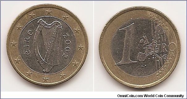 1 Euro
KM#38
7.5000 g., Bi-Metallic Copper-Nickel center in Brass ring,
23.25 mm. Obv: Harp Obv. Designer: Jarlath Hayes Rev:
Denomination and map Rev. Designer: Luc Luycx Edge:
Reeded and plain sections