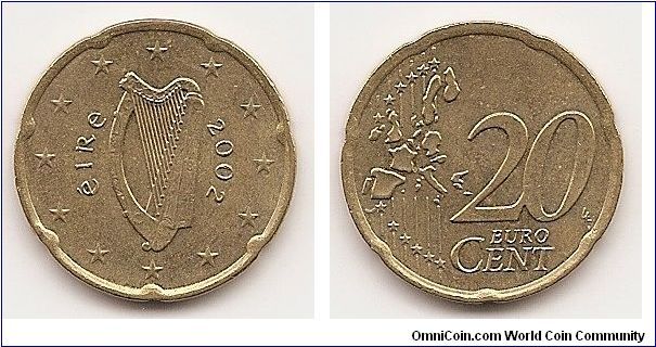 20 Euro cents
KM#36
5.7300 g., Aluminum-Bronze, 22.25 mm. Obv: Harp Obv.
Designer: Jarlath Hayes Rev: Denomination and map Rev.
Designer: Luc Luycx Edge: Notched