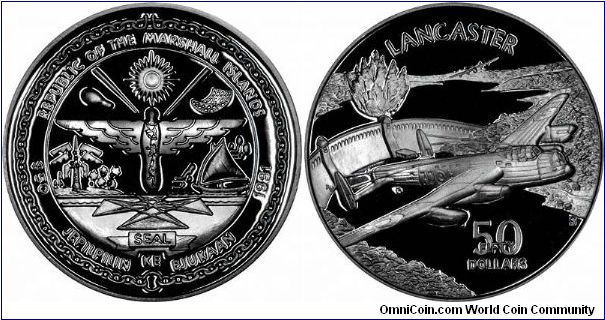 A Lancaster Bomber appears on the reverse of this silver proof $50 from the Marshall Islands, part of a 24 piece set marketed as 'Legendary Aircraft of World War II'. Possibly most famous  for its use in the 'Dambusters' raid, officially 'Operation Chastise' using Barnes Wallace's bouncing bomb.