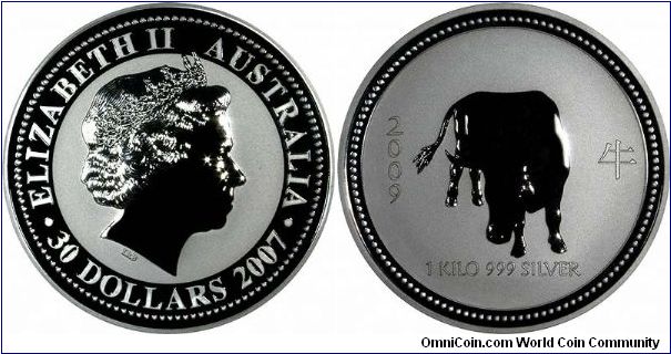 One kilo silver Ox. The Chinese year 4705 is the year of the Ox, and runs from January 26th 2009 to February 13th 2010. This coin is dual date 2007 on the obverse and 2009 on the reverse.