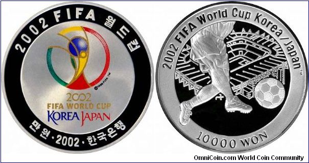 Silver proof 10,000 Won coin for the 2002 Korea Japan FIFA Football World Cup. In our opinion this is a very attractive colour printed coin. There are a number of different reverse designs linked to different stadia. This is for Ulsan Munsu stadium, and is not listed in Krause.