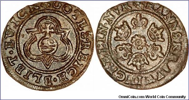 Nuremberg Jeton by Hanns Krauwinckel. Obverse legend reads 'GOTES REICH BLIBT EWICR', which is Early New High German (ENHG), this differs from modern German, but means 'God's Kingdom remains eternal'.