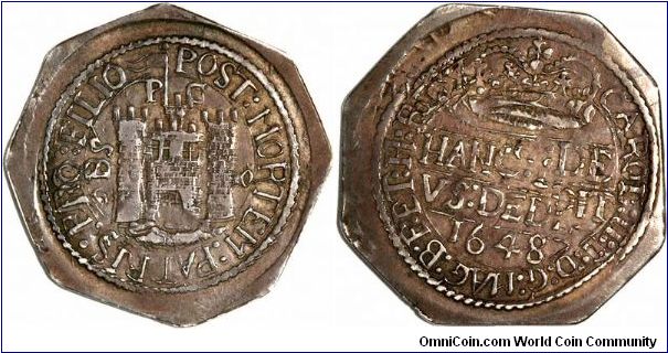 Pomfret Castle on obverse of 1648 Charles I Pontefract shilling. Crowned inscription 'HANC DEUS DEDIT' on reverse. This coin was isseud for Charles II, but is dated 1648. Charles I died on December 30th 1649, making this coin something of an anachronism!