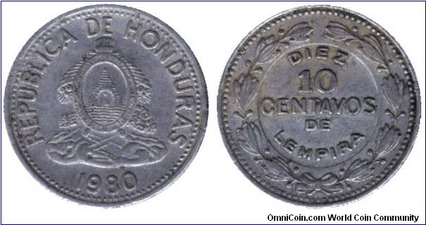 Honduras, 10 centavos, 1980, Cu-Ni.                                                                                                                                                                                                                                                                                                                                                                                                                                                                                 