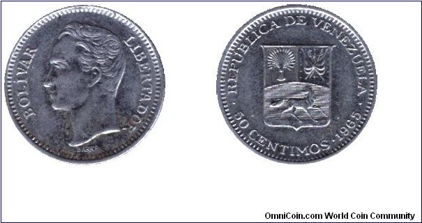 Venezuela, 50 centimos, 1965, Ni, Bolivar - Libertador.                                                                                                                                                                                                                                                                                                                                                                                                                                                             