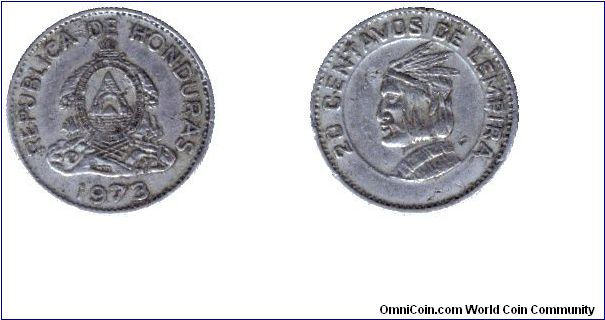 Honduras, 20 centavos, 1973, Cu-Ni, Chief Lempira.                                                                                                                                                                                                                                                                                                                                                                                                                                                                  