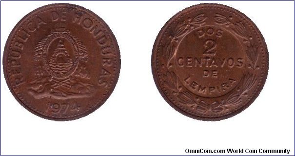 Honduras, 2 centavos, 1974, Bronze-Steel.                                                                                                                                                                                                                                                                                                                                                                                                                                                                           