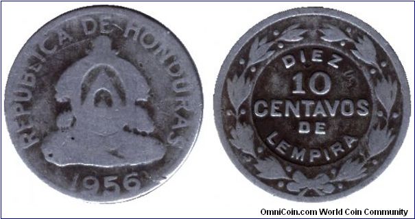 Honduras, 10 centavos, 1956, Cu-Ni.                                                                                                                                                                                                                                                                                                                                                                                                                                                                                 