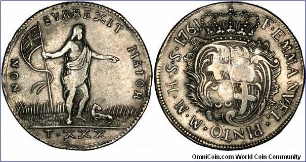Silver 30 Tari issued in 1761 for Grandmaster Emmanuel Pinto de Fonseca, of The Order of Saint John of Jerusalem, Knights Hospitaller. Obv: John the Baptist, standing, holding a banner in his right hand, with a lamb lying down to his left, legend NON SURREXIT MAIOR meaning 'none arose greater'.