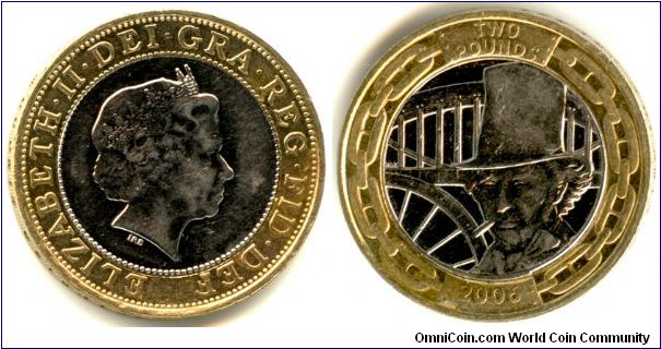 2 pounds 2006. On the reverse a portrait of Isambard Kingdom Brunel