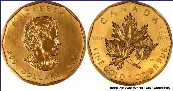 The new 2007 Canadian 5x9s Fine gold maple. The first gold maples were 'only' .999 pure, upgraded to .9999 in 1983. It looks as though the normal $50 face value 4x9s maples may continue for the present, as the new coin has a $200 face value, and a new 'three-maple-leaves'  reverse as on the 10 kilo gold ones.