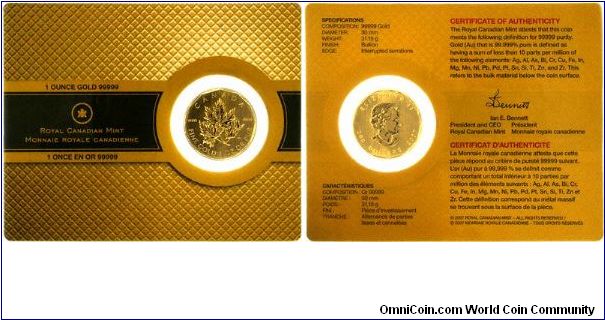 The combined capsule, display card, and certificate holding the new 2007 5x9s pure gold bullion maple leaf.