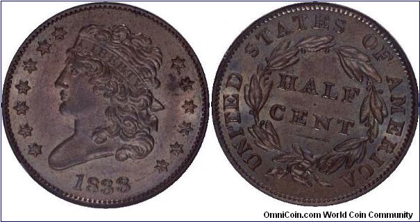 1833 CLASSIC HEAD HALF CENT (B-1, C-1, R.1.).  The only known dies. Lustrous light brownish-tan surfaces are imbued with subtle bluish-green accents, and the design elements are sharply brought up. Nicely preserved surfaces exhibit just a few grade-defining marks.