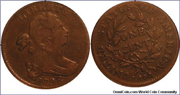 1798 DRAPED BUST LARGE CENT (S-166, 2nd hair style).  A bold die crack from the E in UNITED through the final 0 in the denominator confirms the variety. A deep mahogany-brown Cent with no significant handling marks. An attractive Large Cent overall.