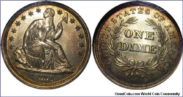 1839 SEATED LIBERTY DIME (No Drapery).  A premium example of the short-lived No Drapery type with a needle sharp strike and glowing proo-flike fields.  Light golden-rose patina enhances the borders.  NGC awarded its coveted Star to this amazing coin, the only example to receive a Star save for a single specimen in MS-68.