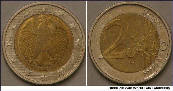 2 Euro, traditional eagle symbol of German sovereignty, outer Cu-NI, Bi-metalic inner layered Ni-Brass--Ni--Ni-Brass, 25.75 mm, A mintmark