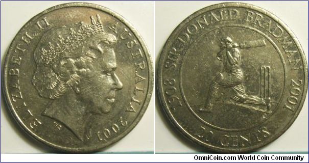 Australia 2001 20 cents commemorating Sir Donald Bradman. Starting to be quite difficult to find in circulaiton.