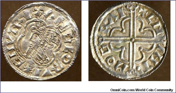 Obv:- CNVT REX ANGLORVM, Crowned bust left within quatrefoil
Rev:- CNIHT MO GRAI, Quatrefoil with pellet at apex of each cusp, long cross voided, each limb terminating in three crescents
Minted in Cambridge (GRAI) by moneyer Cnit (CNIHT) A.D. 1017-1023
Reference:- North 781
