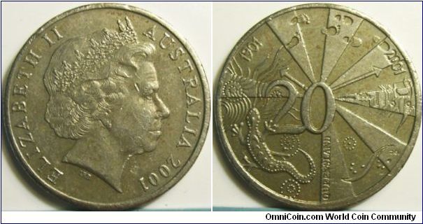 Australia 2001 20 cents. Commemorating the Centerary of Federation, Queensland. Thanks Bro.