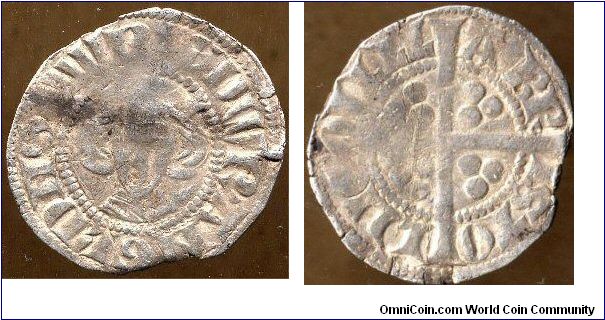 Edward I - Class 3c-d Penny (Bristol)  
Obv:- EDW R ANGL DNS HYB, Crowned facing bust with drapery
Rev:- VILLA BRISTOLLIE, Long cross pattee with three pellets in each angle
Class 3c-d
Minted in Bristol A.D. 1280-1281
Reference:- North 1018/9