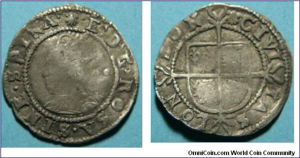 Elizabeth 1st - Tower Mint - Half Groat  
Obv:- E . D . G . ROSA . SINE . SPINA, Crowned, draped bust left, two pellets in right field (Elizabeth by the Grace of God a rose without a thorn)
Rev:- CIVITAS LONDON, Shield
Minted in London (Tower Mint), 5th Issue, mintmark Escallop both sides, Dated A.D. 1584-1596
Reference:- S. 2579