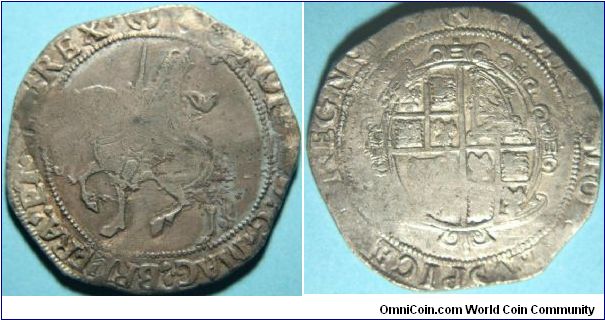 Charles 1st - Tower Mint - Half Crown  
Obv:- CAROLVS : D. G. : MAG : BRI : FRA : ET : HIB : REX , Charles riding horse left, with upright sword, cloak flies from king's shoulder
Rev:- CHRISTO . AVSPICE . REGNO, Round garnished shield
Minted in London (Tower Mint), mintmark R in brackets both sides, A.D. 1644-1645
Reference:- S. 2778