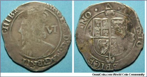1st - Tower Mint - Sixpence  
Obv:- CAROLVS : D. G. : MAG : BRI : FRA : ET : HIB : REX , Crowned, draped bust left, VI in right field
Rev:- CHRISTO . AVSPICE . REGNO, Shield
Minted in London (Tower Mint), mintmark Triangle both sides, A.D. 1639-1640