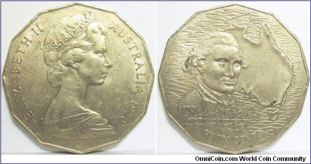 Australia 1970 50 cents, commemorating 200th anniversary of Captain Cook's arrivial in Australia.
