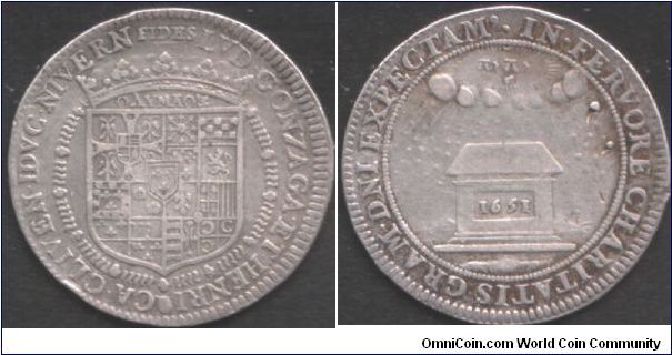 Silver jeton issued in the name of Louis de Gonzaga of Nevers, and Henrietta of Cleves for a charitable foundation they set up.