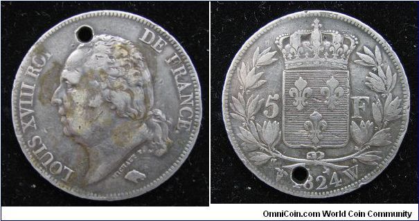 1824 W (Lille) 5 francs, Louis XVIII, au buste nu.  Holed.