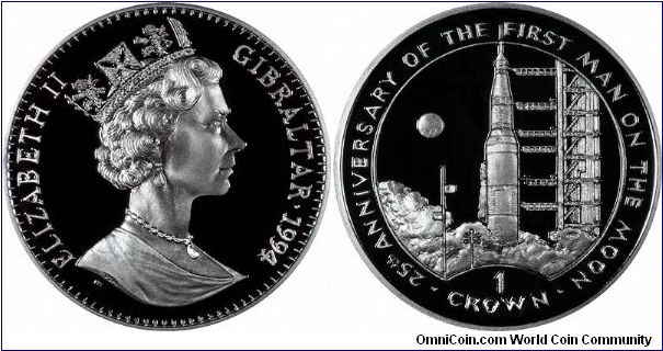 Saturn rocket at its launch pad, featured on the reverse of silver proof crown. One of at least 5 crowns issued by Gibraltar that year with the theme '25th  Anniversary of the First Man on the Moon'.