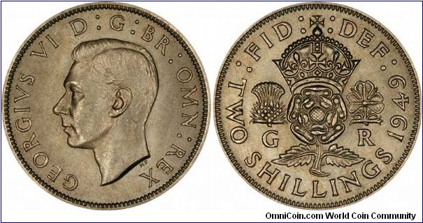 For the last 3 years of George VI's coinage, the abbreviations IND IMP were ped from the King's titles, as shown on this 1949 florin (two shillings).