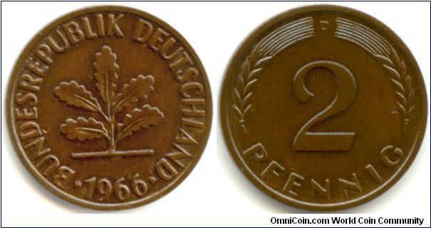 A bronze 1966 2 Pfennig coin. Mint mark is D.