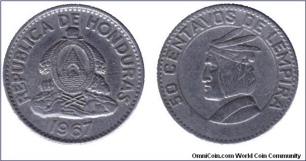 Honduras, 50 centavos, 1967, Cu-Ni, Chief Lempira.                                                                                                                                                                                                                                                                                                                                                                                                                                                                  