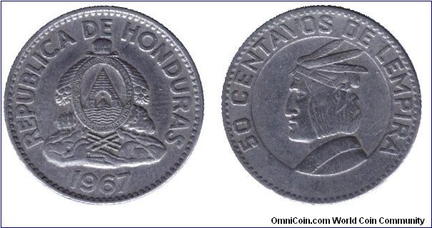 Honduras, 50 centavos, 1967, Cu-Ni, Chief Lempira.                                                                                                                                                                                                                                                                                                                                                                                                                                                                  