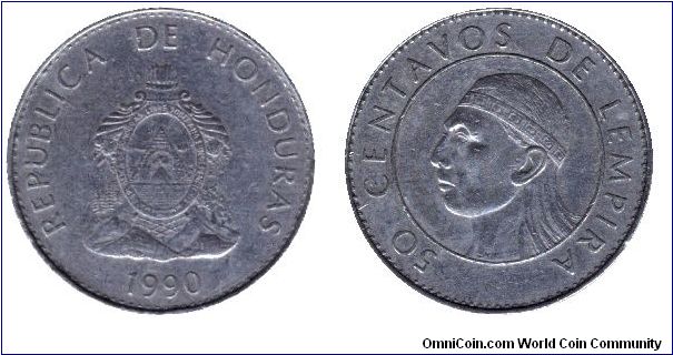 Honduras, 50 centavos, 1990, Cu-Ni, Indian head.                                                                                                                                                                                                                                                                                                                                                                                                                                                                    