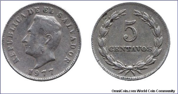 El Salvador, 5 centavos, 1977, Cu-Ni, General Francisco Morazan.                                                                                                                                                                                                                                                                                                                                                                                                                                                    