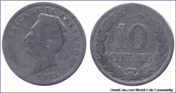 El Salvador, 10 centavos, 1921, Cu-Ni, General Francisco Morazan.                                                                                                                                                                                                                                                                                                                                                                                                                                                   